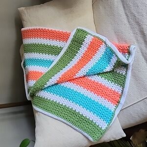 Beautiful Hand Crocheted Baby or Lap Throw Green Blue White Orange